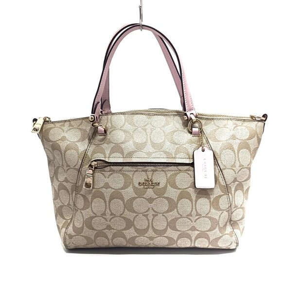 Auth COACH Prairie Satchel Polished Pebbled Leather 79998 Beige Light Pink PVC - Picture 1 of 12